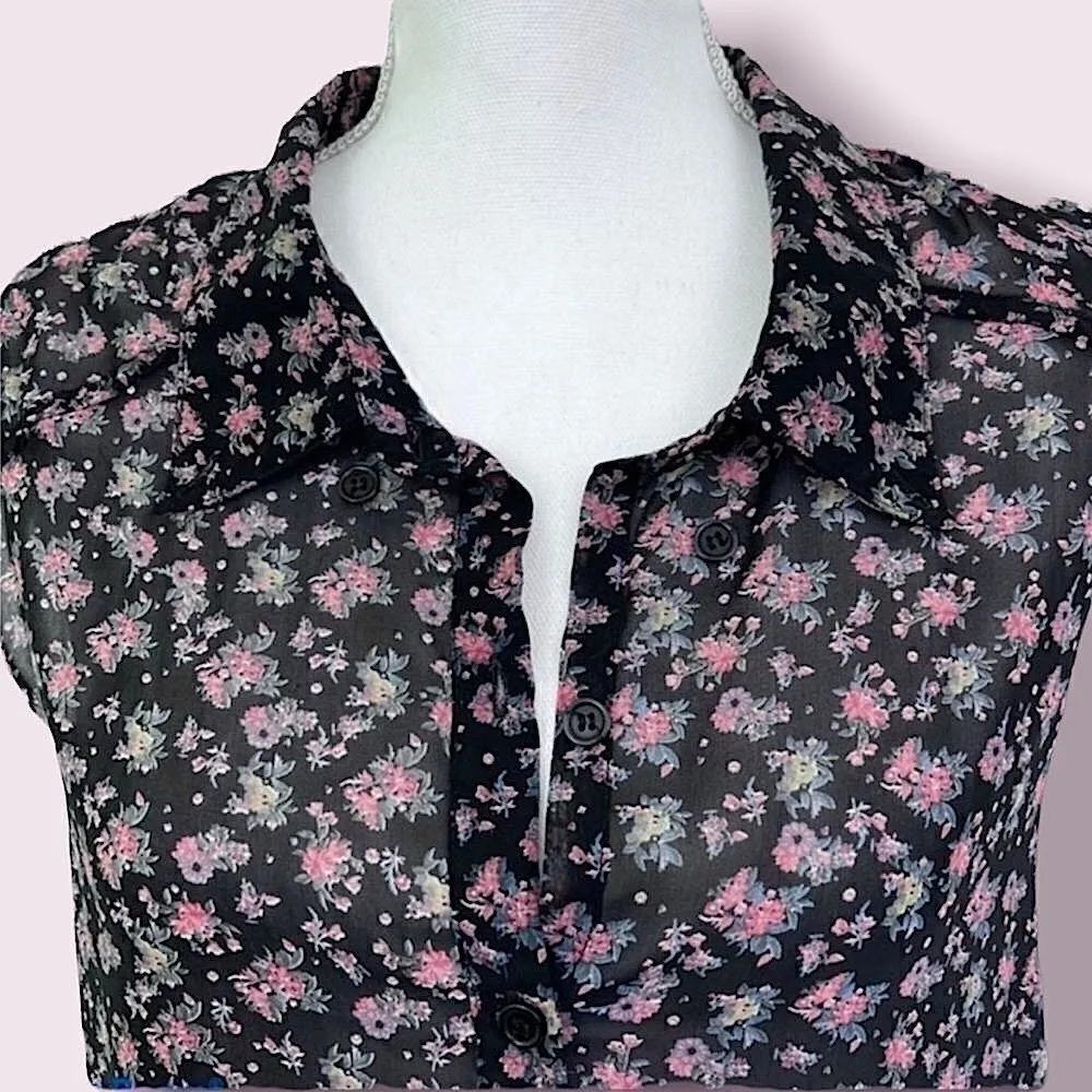 Zenobia Black Floral Sleeveless Button Down Top Sz L - Image 3