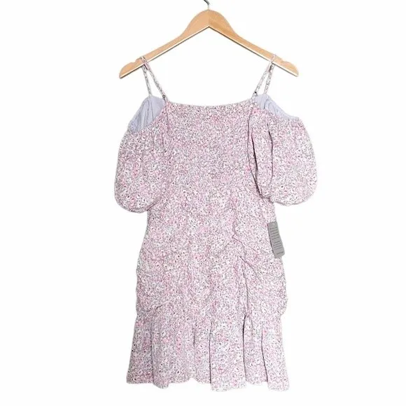 NWT ASTR Ruched Off Shoulder Mini Dress Blue Pink Cottage Floral Size Medium NEW - Image 6