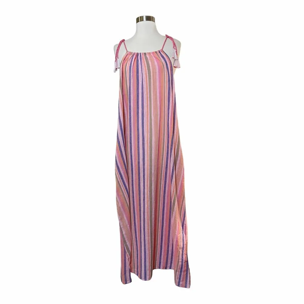 XIRENA Esme Stripe Cotton Dress In Citrus Melange Tie Straps Pockets Large NWT Pink - Image 11