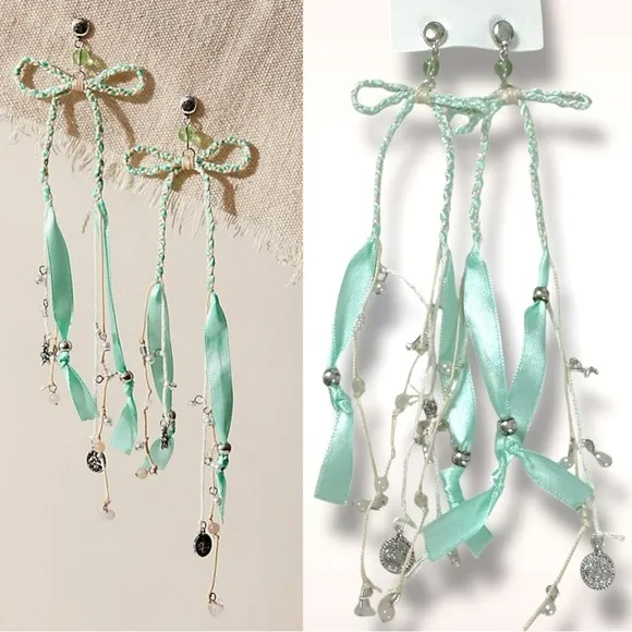 Free People Candy Baby Bow Dangle Earrings Sea Foam Ivory Braid Coquette Mermaid - Image 2