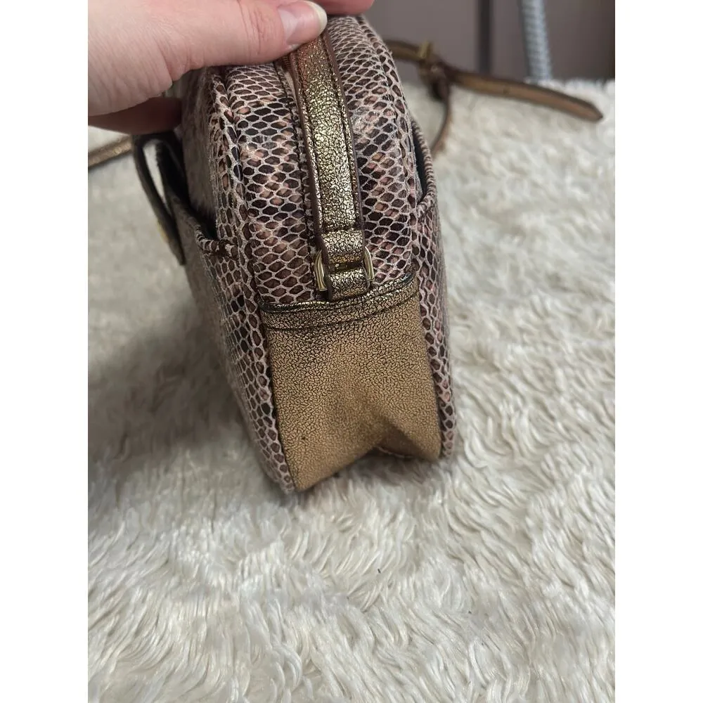 G.I.L.I Snake Embossed Leather Rose Gold Shimmer Crossbody Purse Camera Bag Brown - Image 7