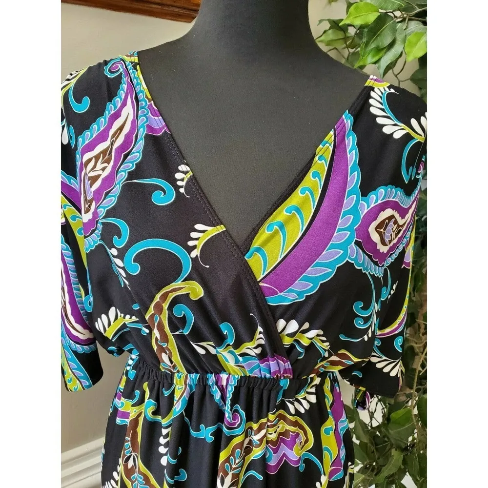 Sunny Leigh Women's Black Paisley V-Neck Short Sleeve Knee Length Dress Size M - Image 6