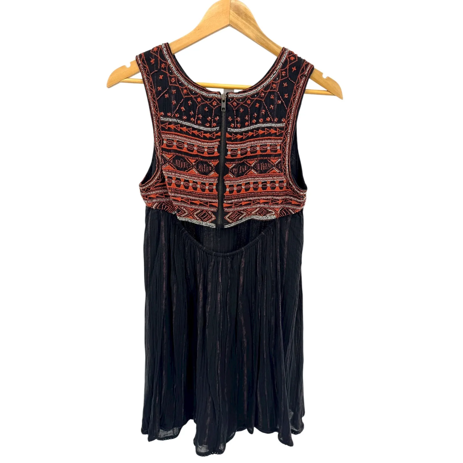 Free People Aztec Beaded Embroidered Bib Dress Black‎ Boho Festival Cotton Sz 4 - Image 3