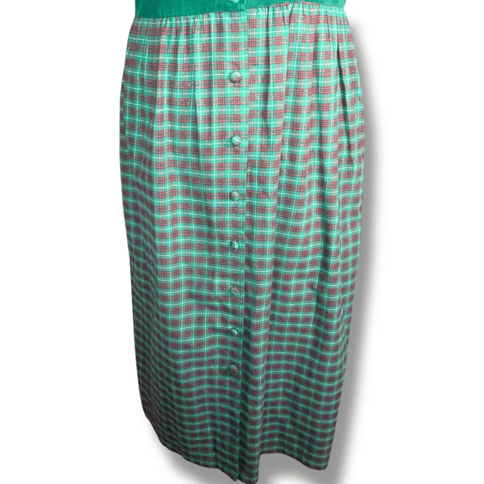 Vintage 80s Susan Bristol Green Plaid Corduroy Jumper Dress Festive Embroidery - Image 5