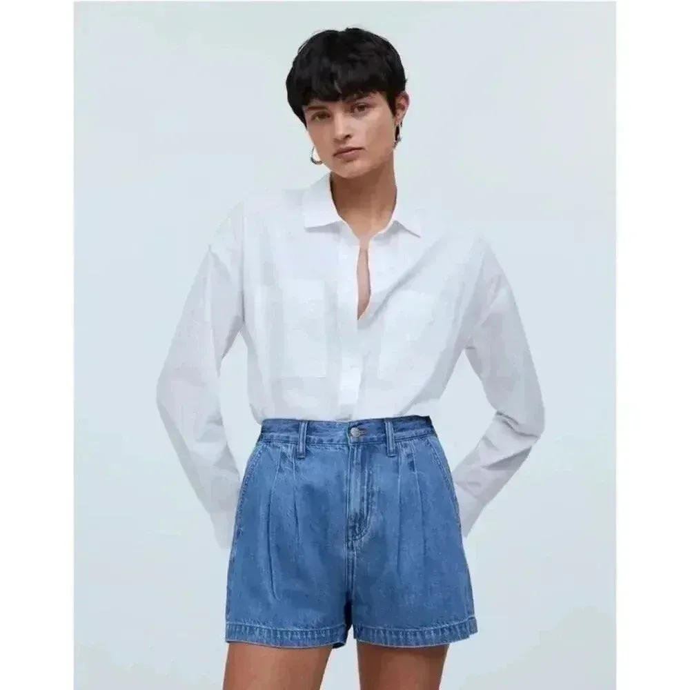 Madewell Plus The Harlow Pleated High-Rise Denim Shorts 100% Cotton Size 33 NWT - Image 7