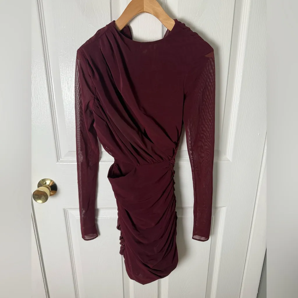 House of CB Lucinda Sheer Long Sleeve Cut Out Bodycon Mini Dress in Mulberry  XS - Image 3
