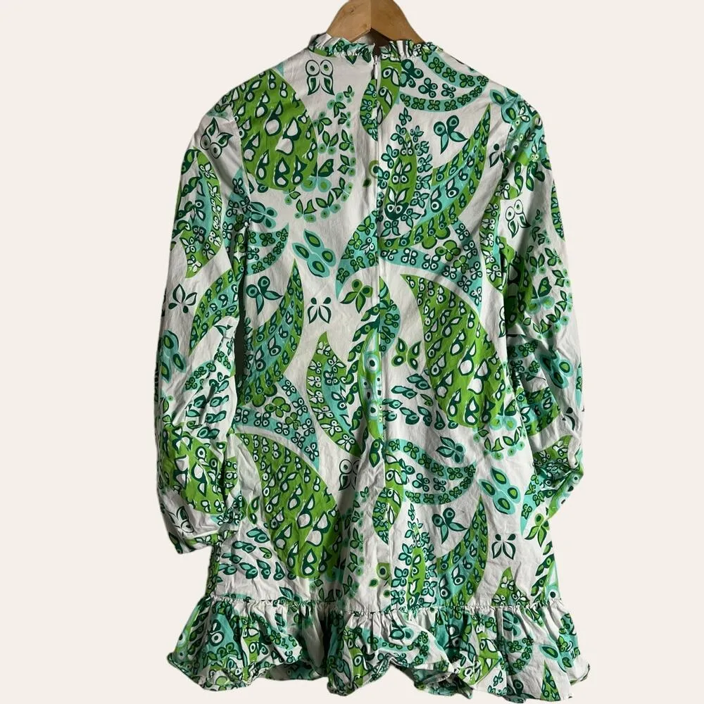 Staud Carolina Puff Sleeve Green White Tropical Floral Mini Dress Size 2 - Image 14