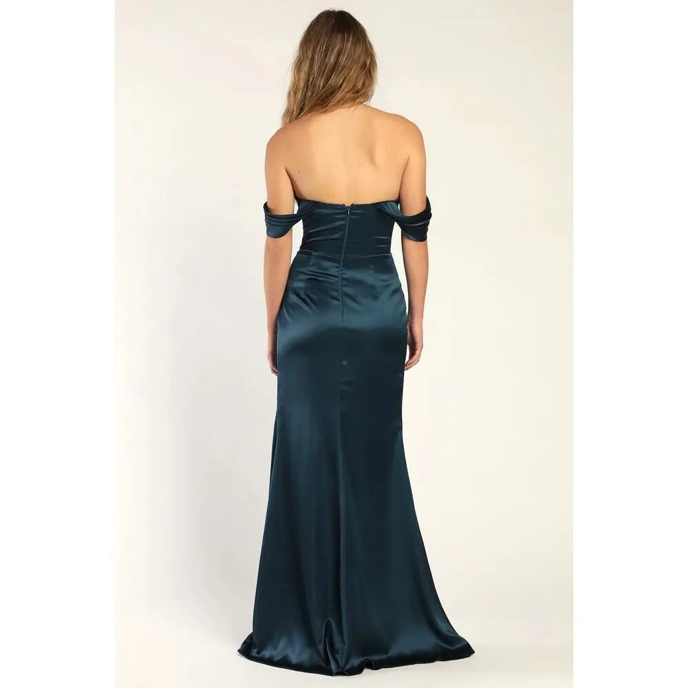 NWOT Lulus Stunning Arrival Dark Teal Satin Off-The-Shoulder Maxi Dress Size M - Image 4