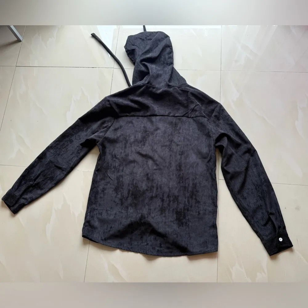 Romwe Black black  hooded Button Up Shirt Jacket Shacket Sz M  full button - Image 7