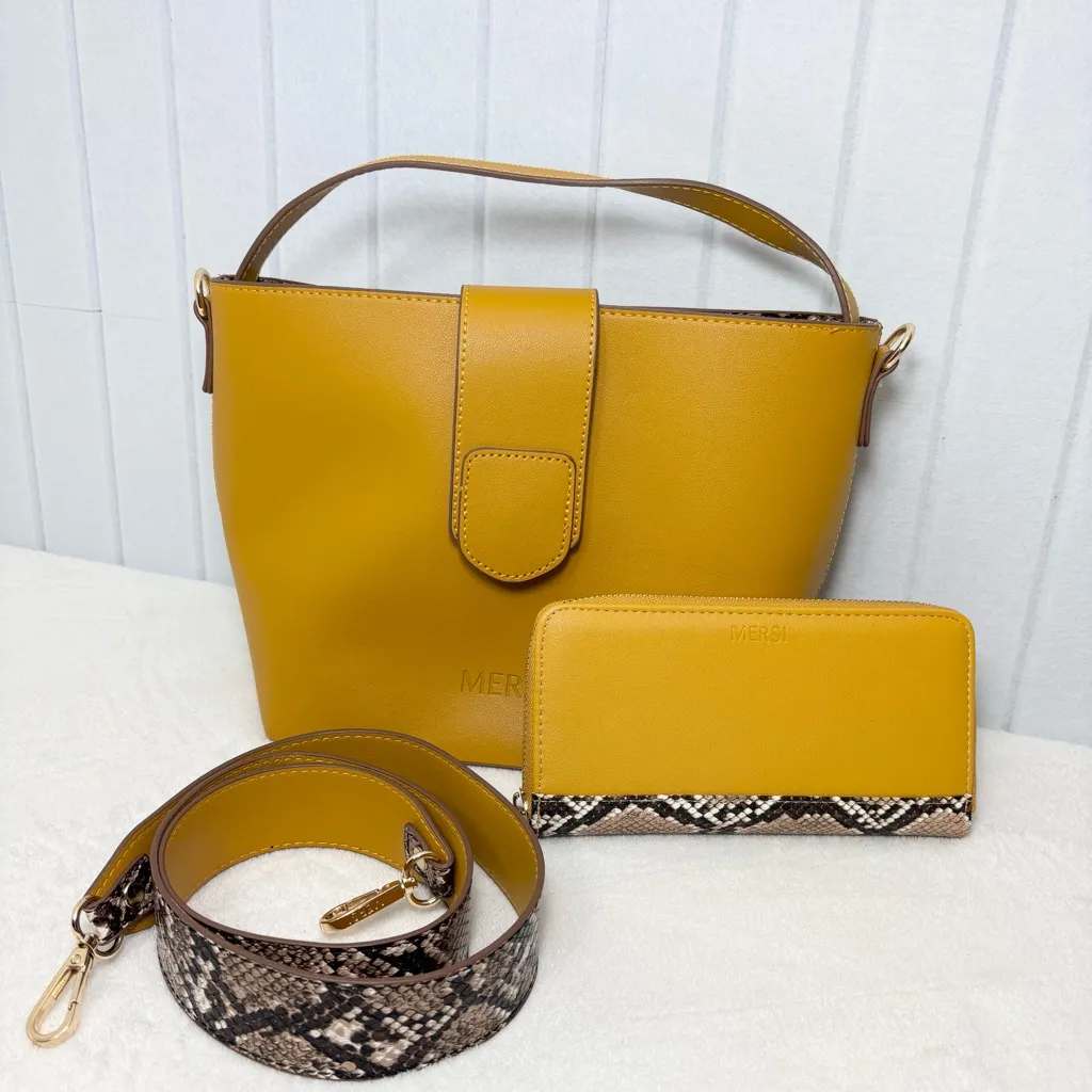 MERSI Isabel Bucket Purse Vegan Leather Bucket Bag with‎ wallet Yellow - Image 10