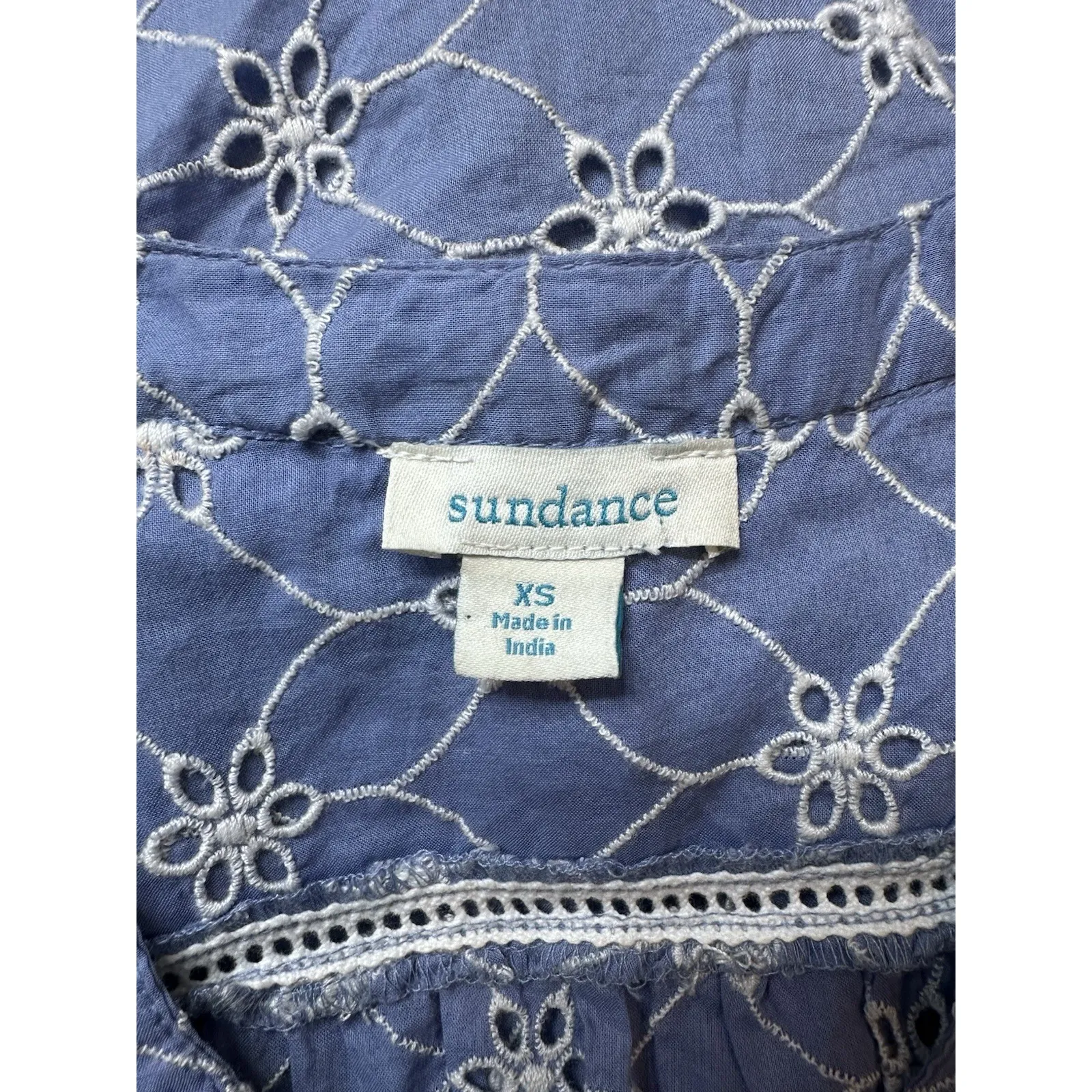 Sundance Embroidered Blue‎ Flutter Sleeve Top XS 100% Cotton Eyelet India - Image 4