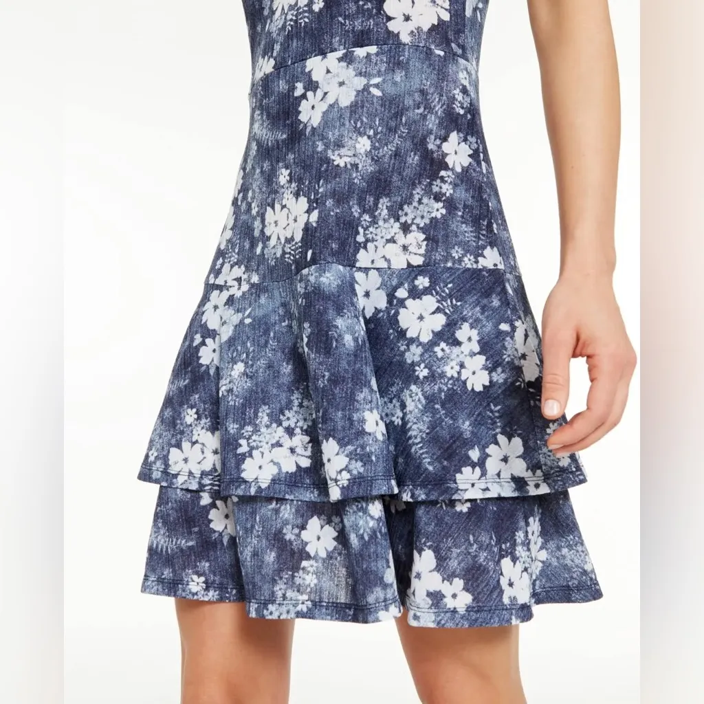Michael‎ Kors Michael Double Tier Hem Cap Sleeve Dress Blue Floral Size X - Image 3