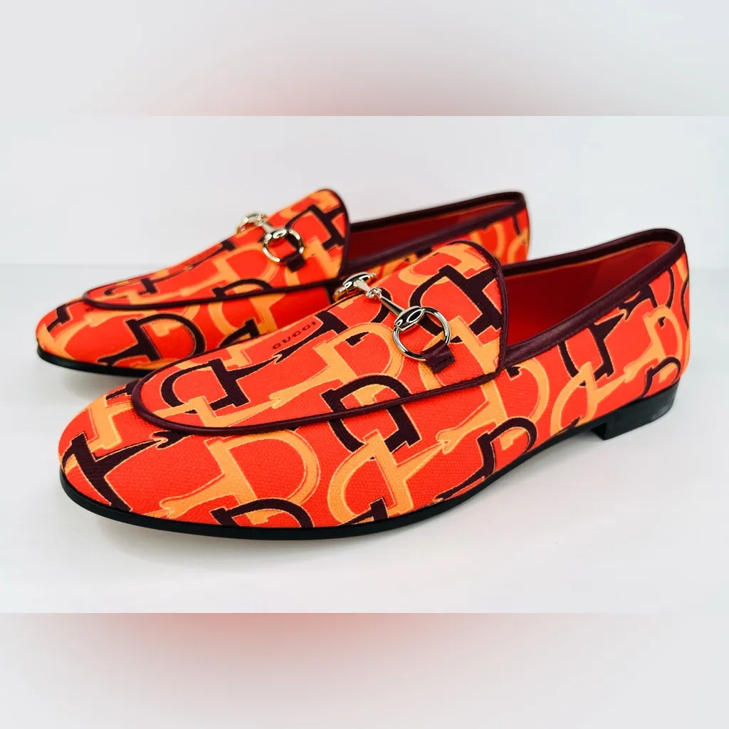 Gucci Jordaan Horsebit Logo Print Orange Fabric Flat Barbie Loafers Size EU 38 - Image 9