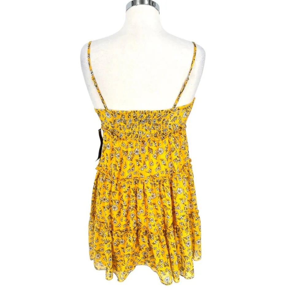 Trixxi Babydoll Floral Print Tiered Mini Dress Smocked Back Yellow Size Medium N - Image 3