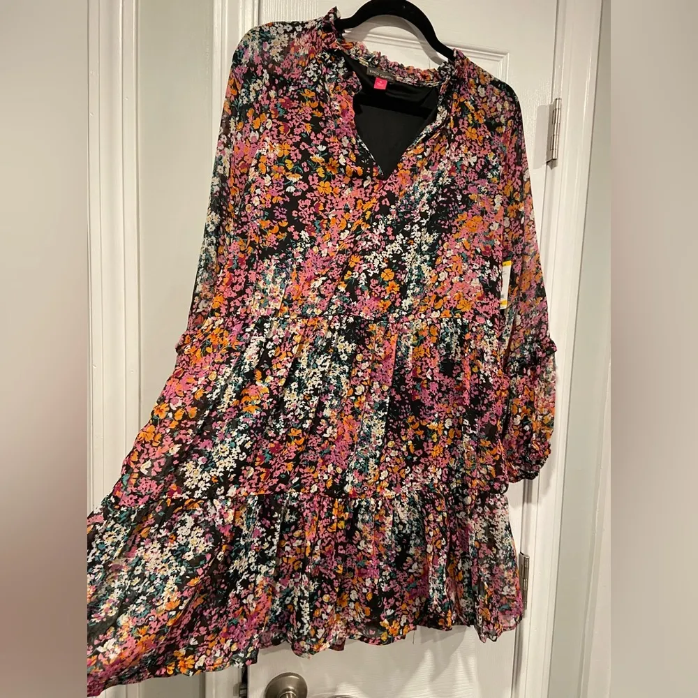 NWT Vince Camuto Size M Black Floral Ruffle Flowy Long Sleeve Sheer Mini Dress - Image 8