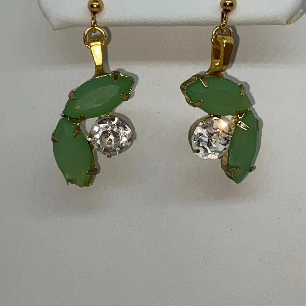 Green Clear Gold-Tone Rhinestone Dangle Earrings - Image 2