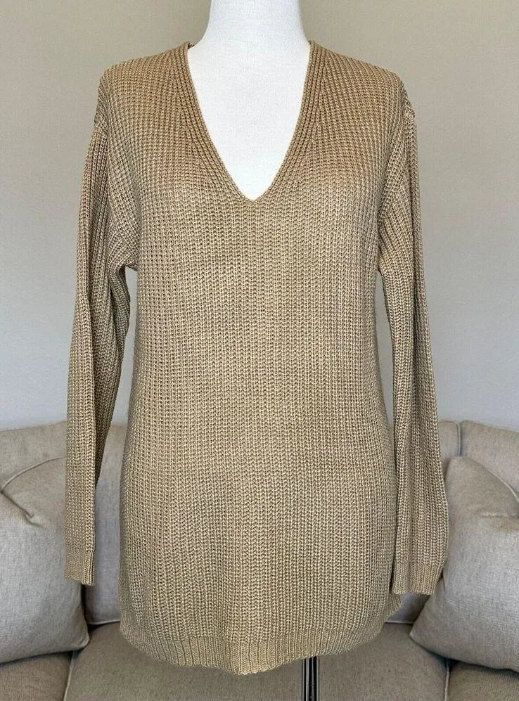 Womens Cable Knit Sweater Ribbon CrissCross Back Lace Up V-Neck SM - Image 2