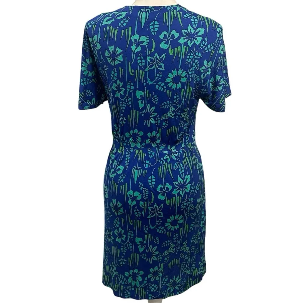 VTG 70s Bessi Firenze Blue Green Floral Silk Faux Wrap Surplice Dress Mod Small Size XS - Image 4