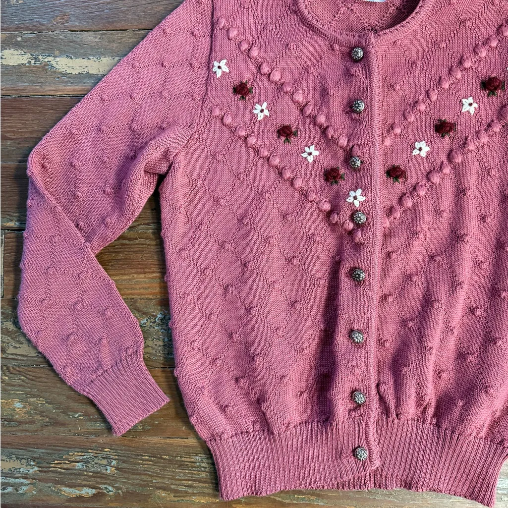 Vintage Pfister Austrian Trachten Embroidered Bobble Knit Cardigan Sz S/M 💛🍄 Pink - Image 6