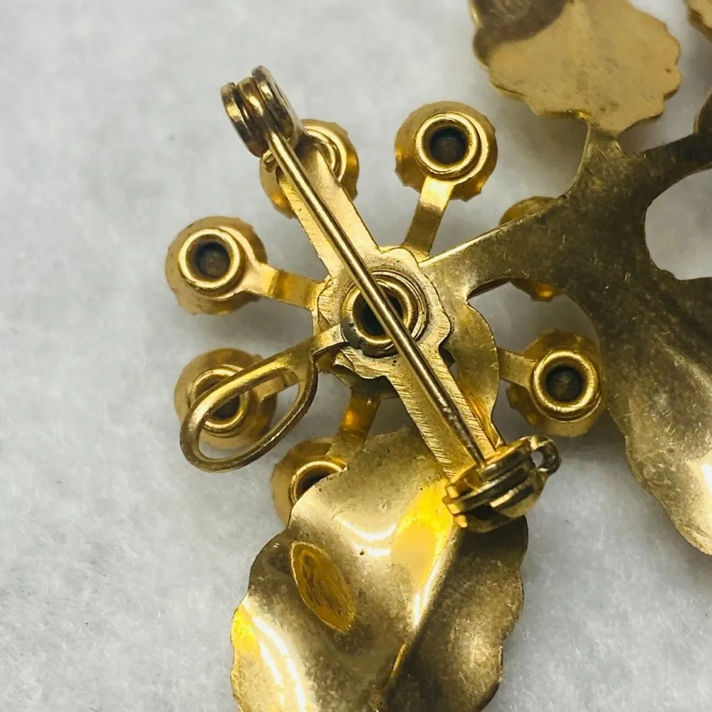 Gold Tone Brooch Pin Pendant Flower Shape Rhinestones Leaves Vintage READ Desc. - Image 6