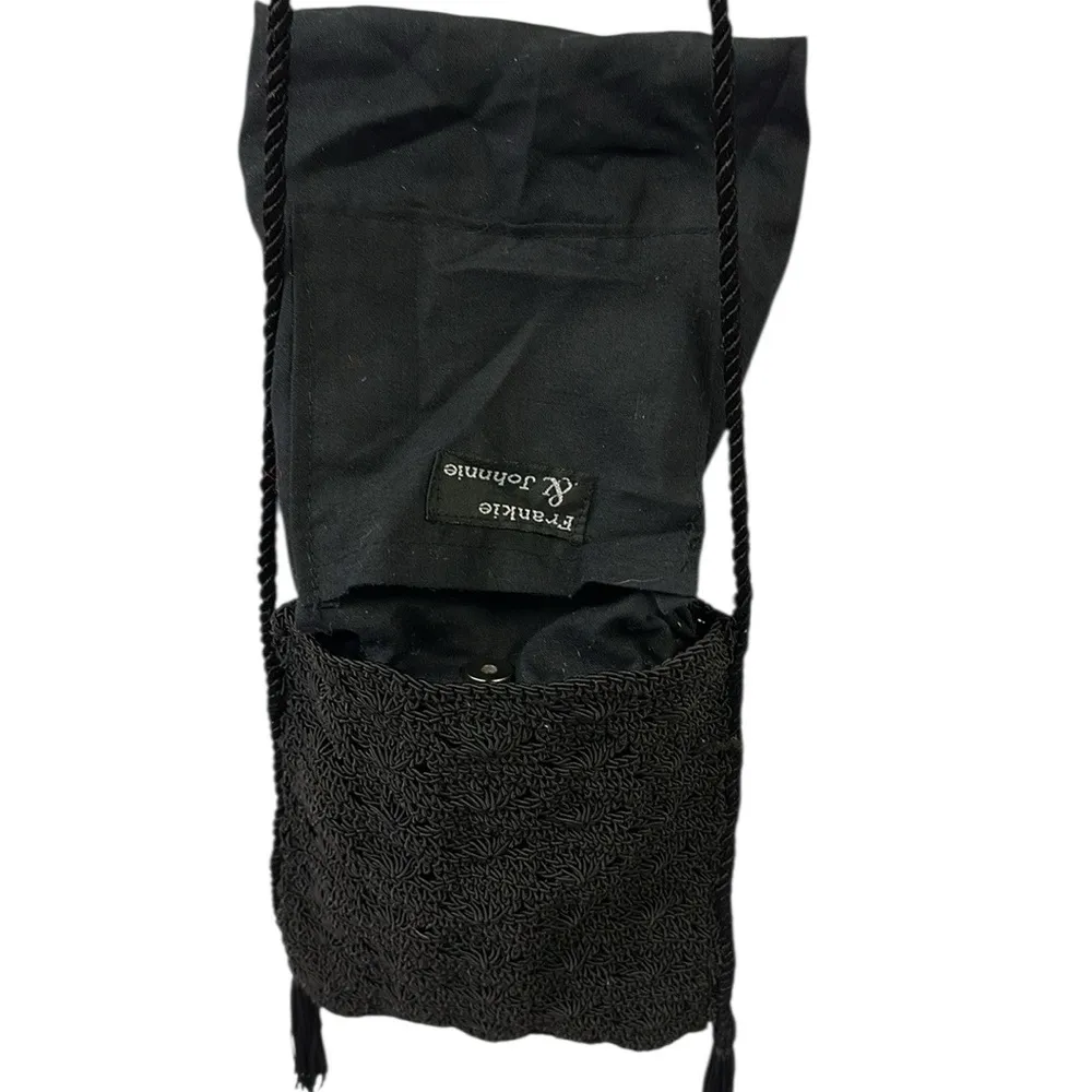Vintage Frankie and Johnnie Black Crochet Crossbody Pouch Bag Purse with Tassels - Image 5