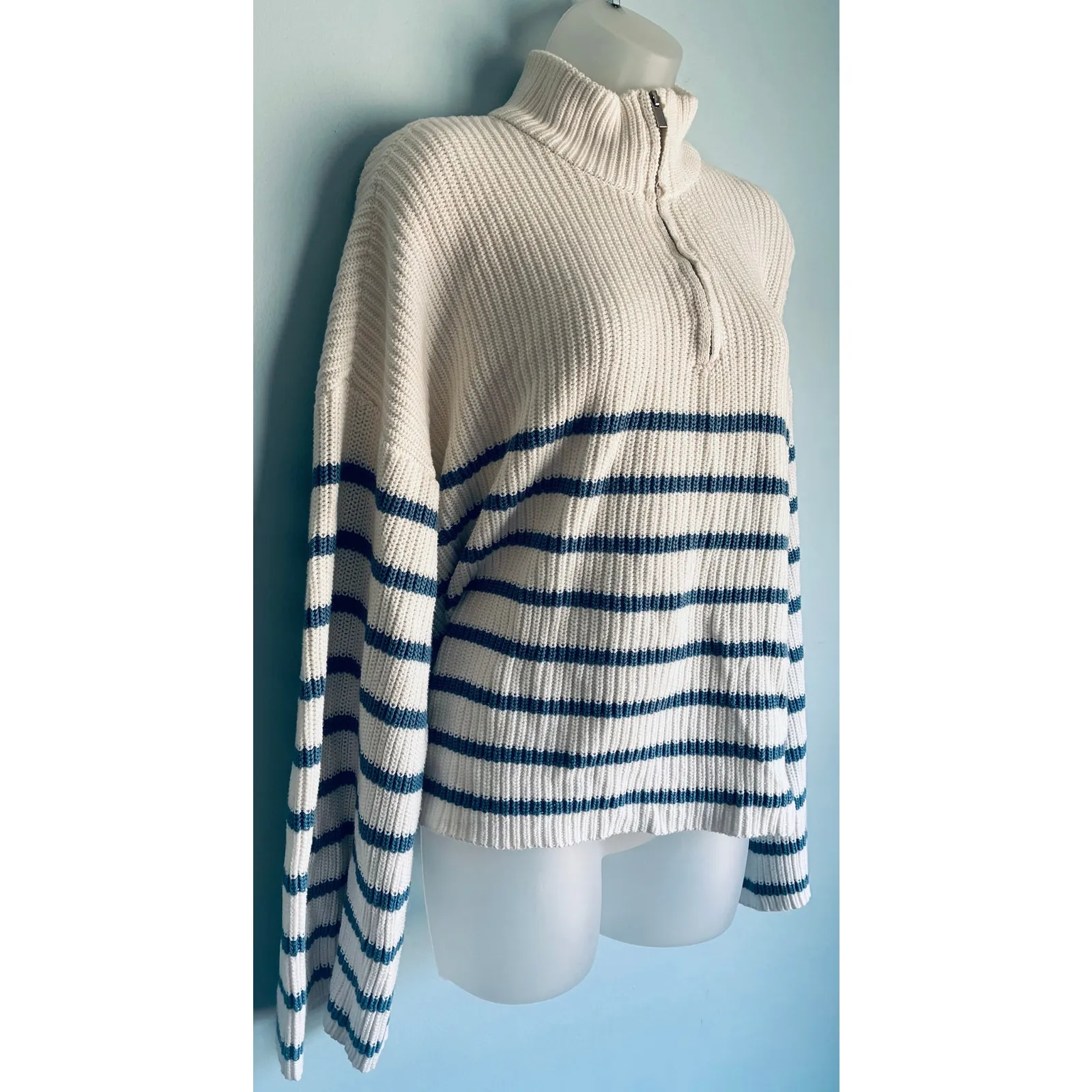 Edikted Sweater Oversized Quarter Zip Striped Bell Sleeve Knit Medium - Image 2