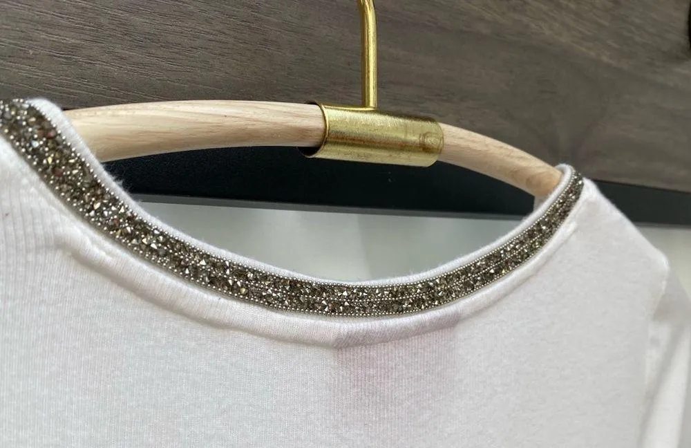 Women’s Luxe Embellished Ribbed Jersey Soft V-Neck Tee Shirt - Image 4