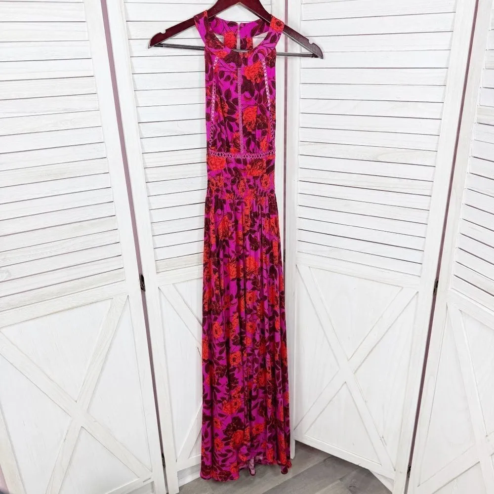 Abel The Label Tropical Floral Charlotte Halter Boho Maxi Dress Purple Pink XS - Image 9