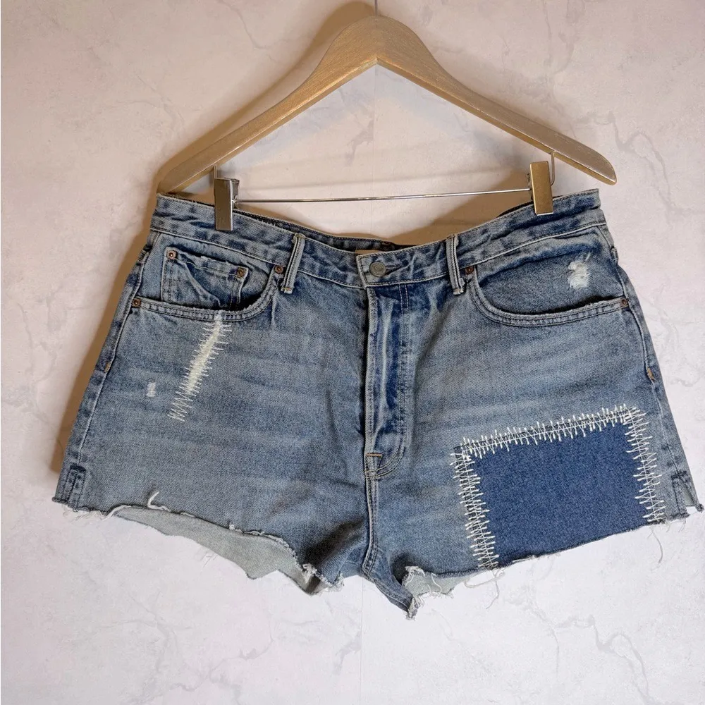 GRLFRND Cindy high rise cut off Jean Shorts in fleetwood patch work - Image 2