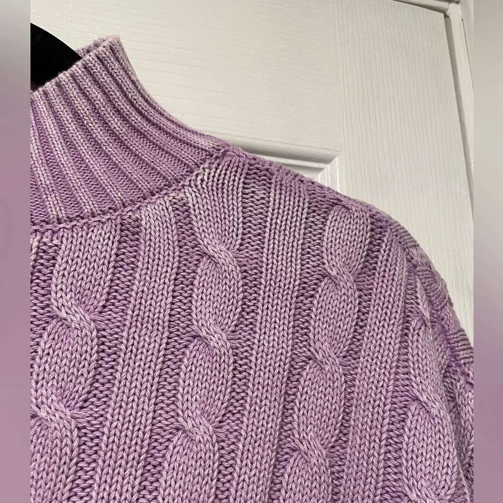 NWT No Comment Size L Purple Lilac Cotton Cable Knit Mock Neck Cropped Sweater - Image 5