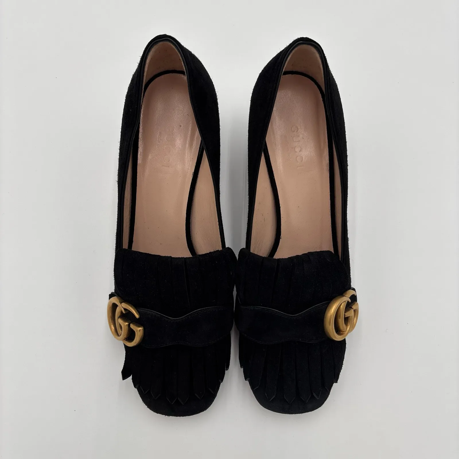 Gucci Marmont GG Fringe Kiltie Block Mid Heel Loafer Pumps Black Suede Size 37 - Image 14
