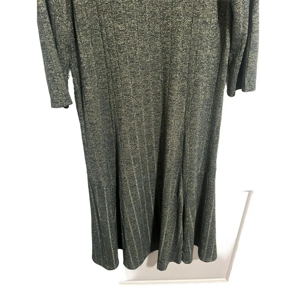 Nina Leonard Maxi Dress Womens Large Green Gold Flecked Ribbed 3/4 Sleeve A Line - Image 4