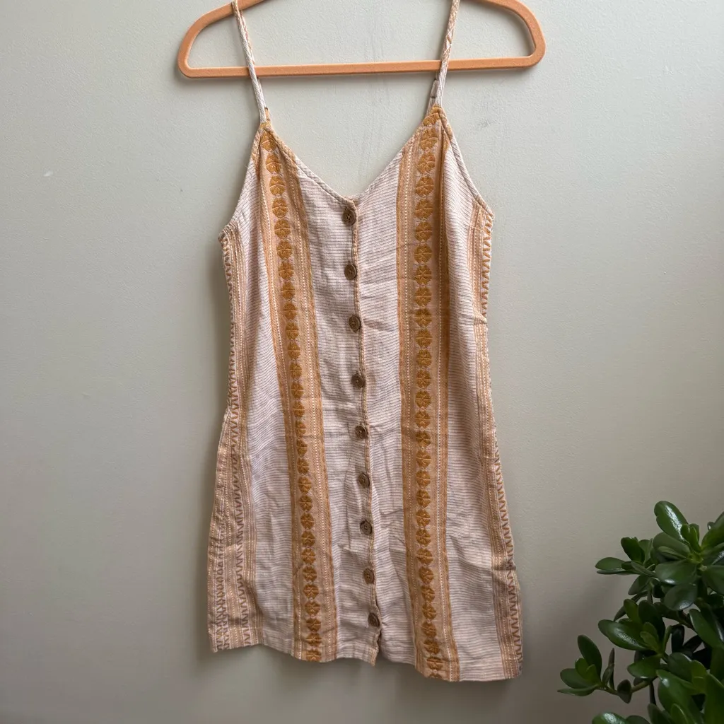 Rip Curl Alma Front Button V-Neck Stripe Mini Embroidered Dress Beige/Gold Large - Image 2