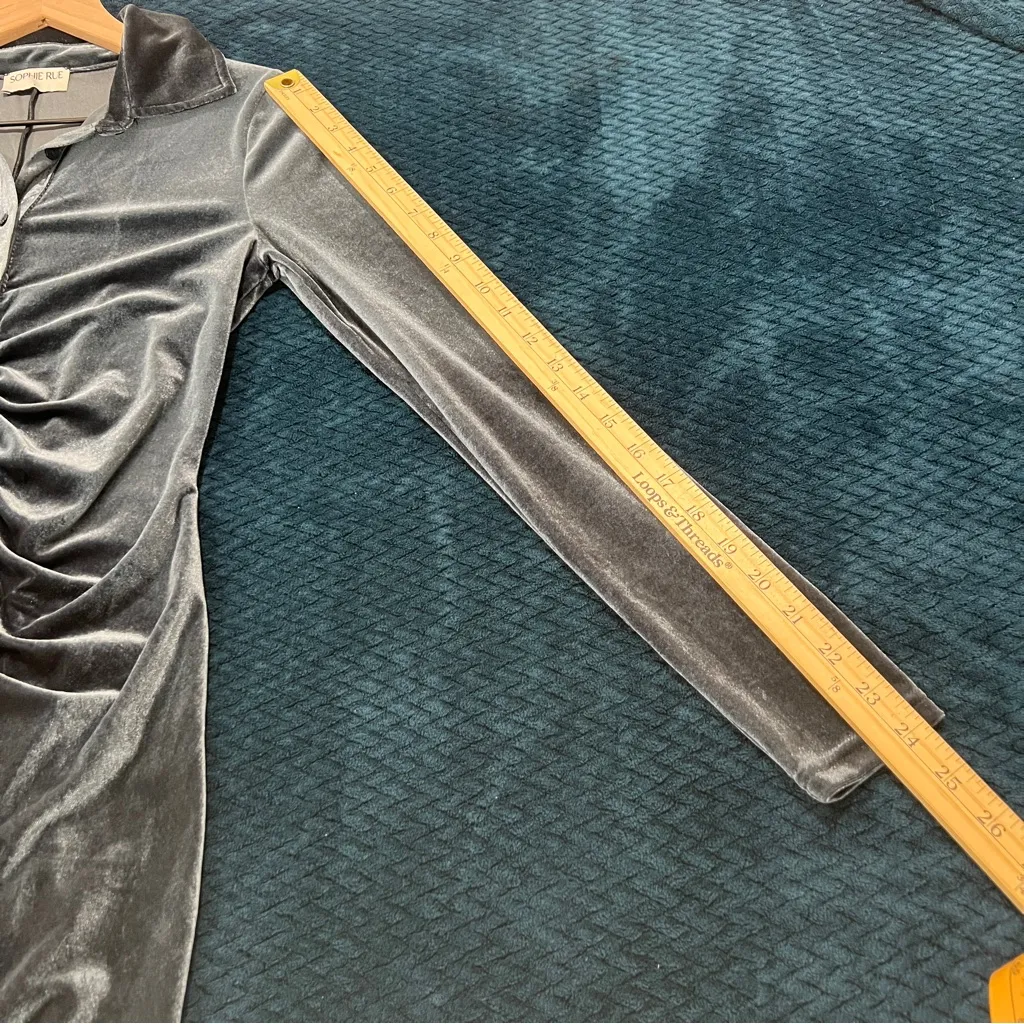 Sophie Rue Blue‎ Velvet Gathered Ruched Long Sleeve Button Front Dress Size S - Image 13