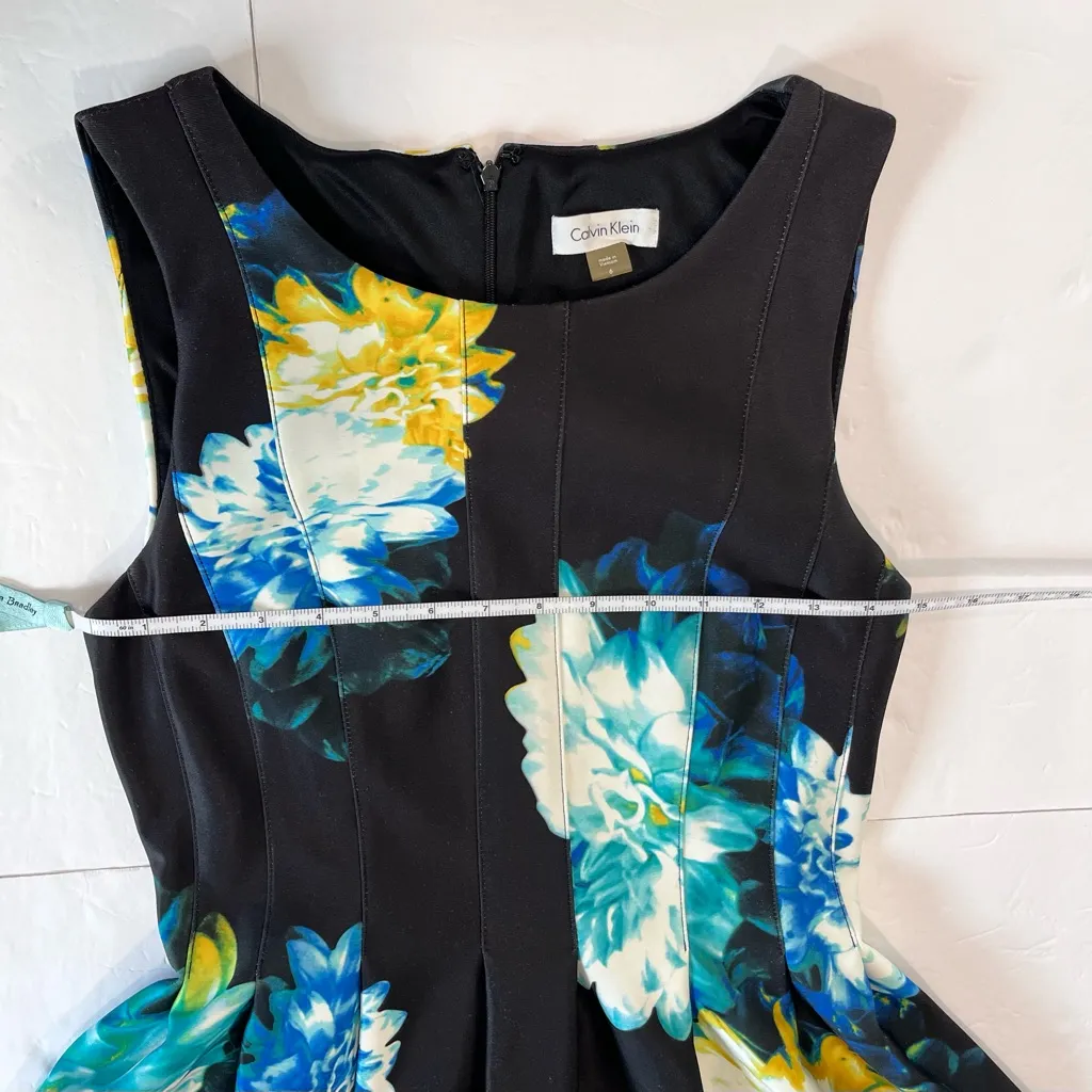 Calvin Klein Blue Yellow‎ Floral Sleeveless  Pleated Pockets Scuba Flare Dress 6 - Image 6