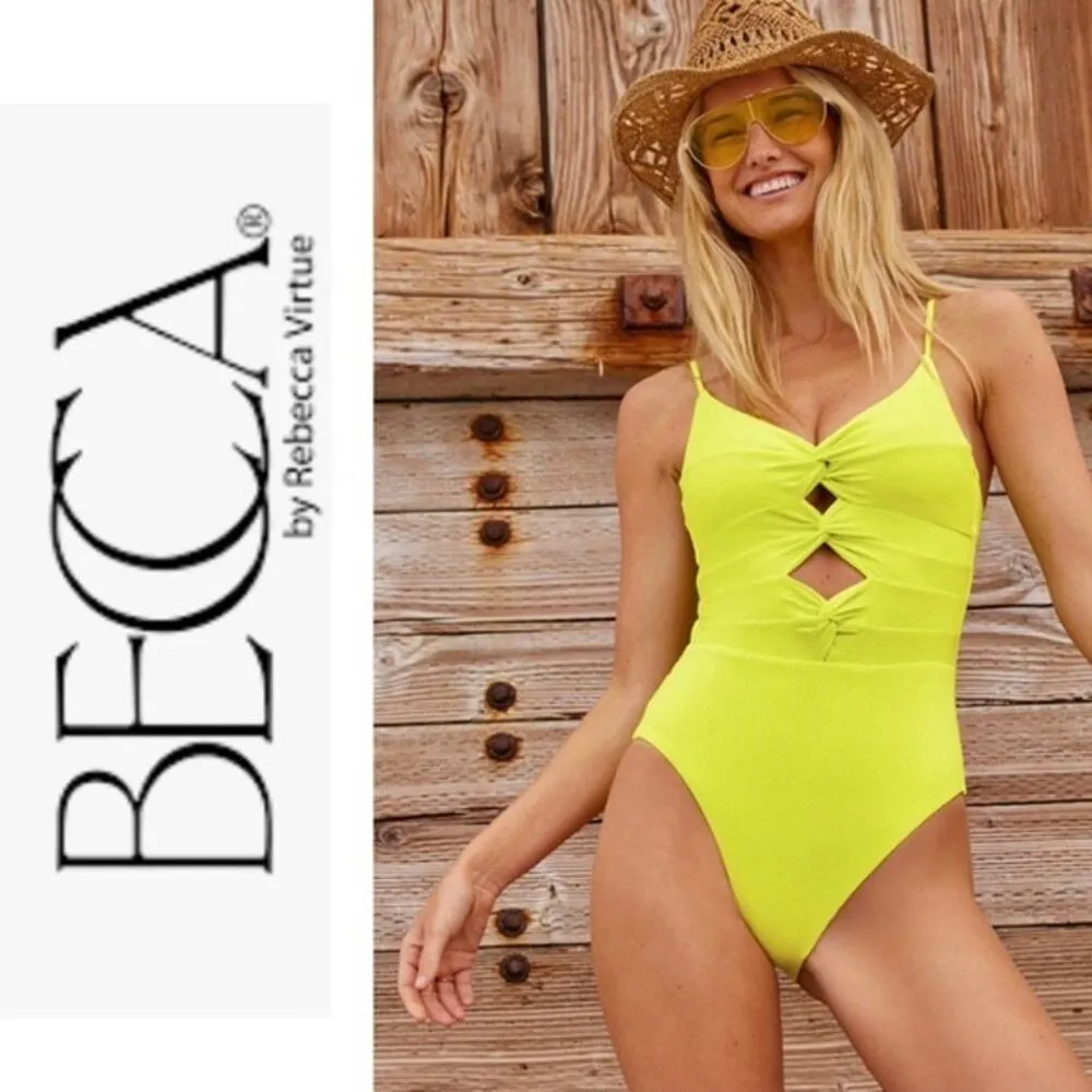 Becca Prima Camille Zesty Neon Yellow Strappy Cut Out One Piece Swimsuit Size L - Image 2