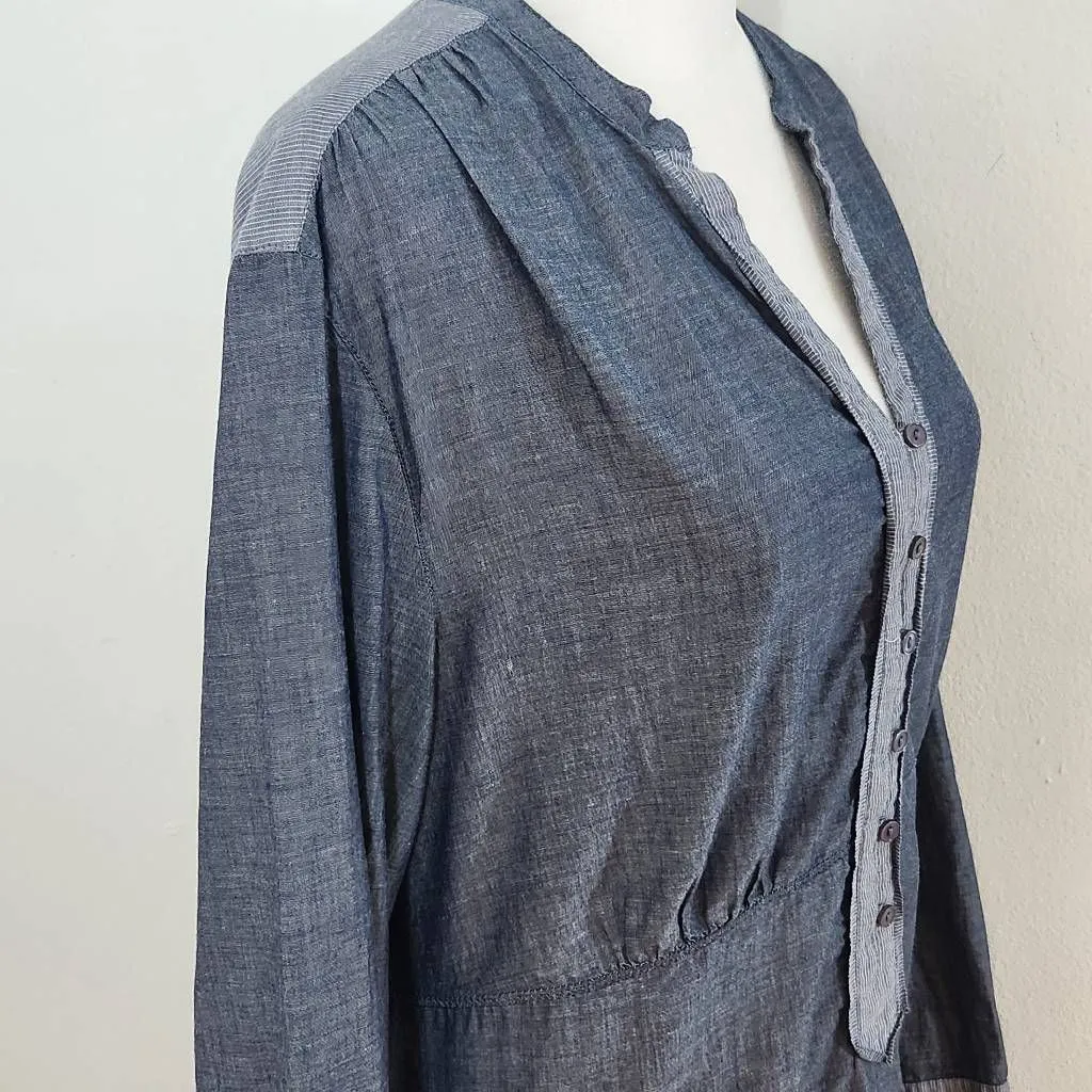 Coldwater Creek Blue Chambray Cotton Half Button-Up Blouse Size Petite Large - Image 4
