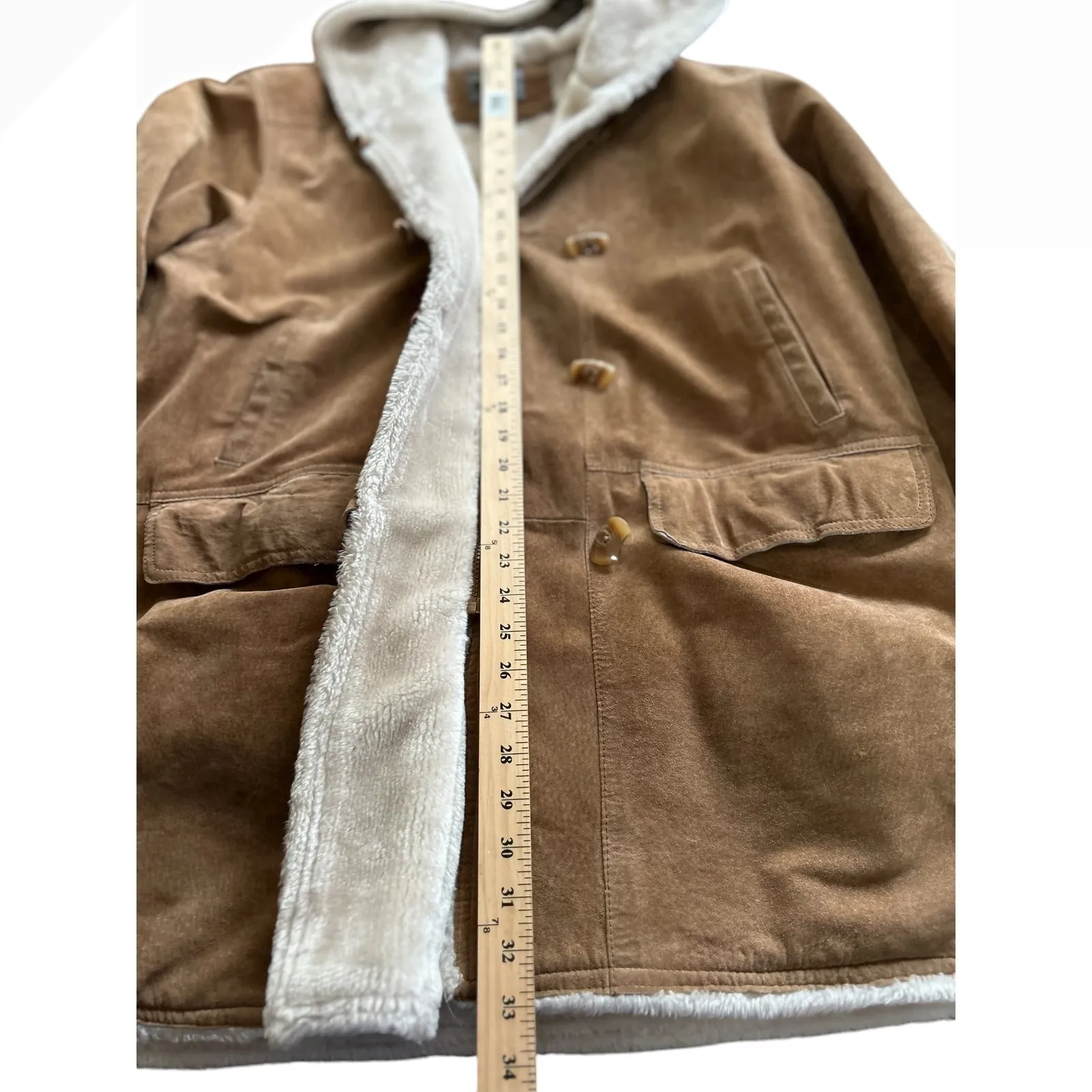 AR Fashions Company Women's Tan Suede Sherpa Lined Hooded Duffle Coat XL leather - Image 9