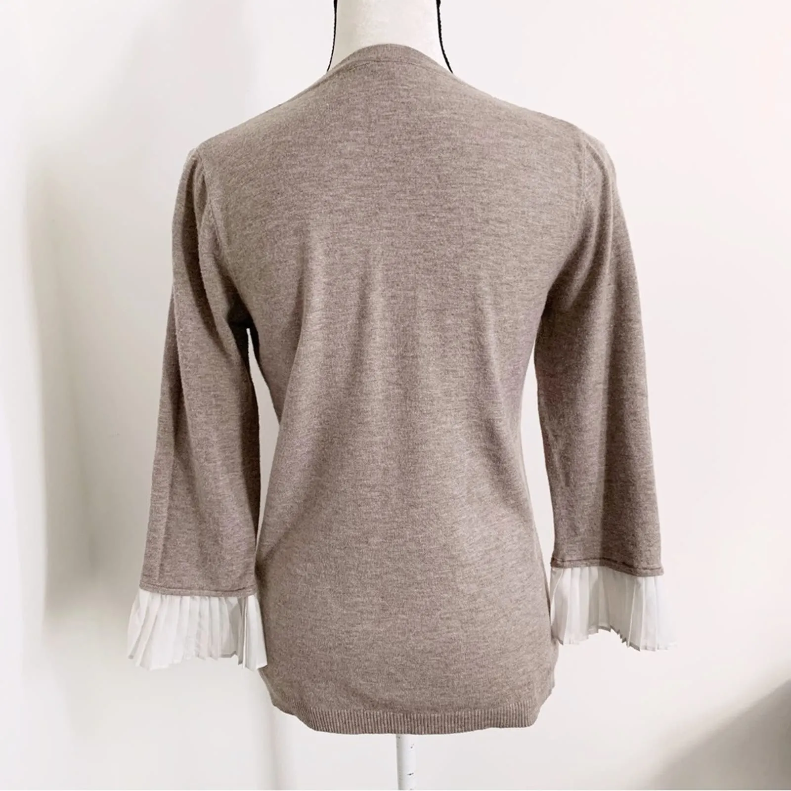 Vita Milano M Wool Blend Sweater Light Brown Pleated Chiffon Cuffs 3/4 Sleeve Size M - Image 2