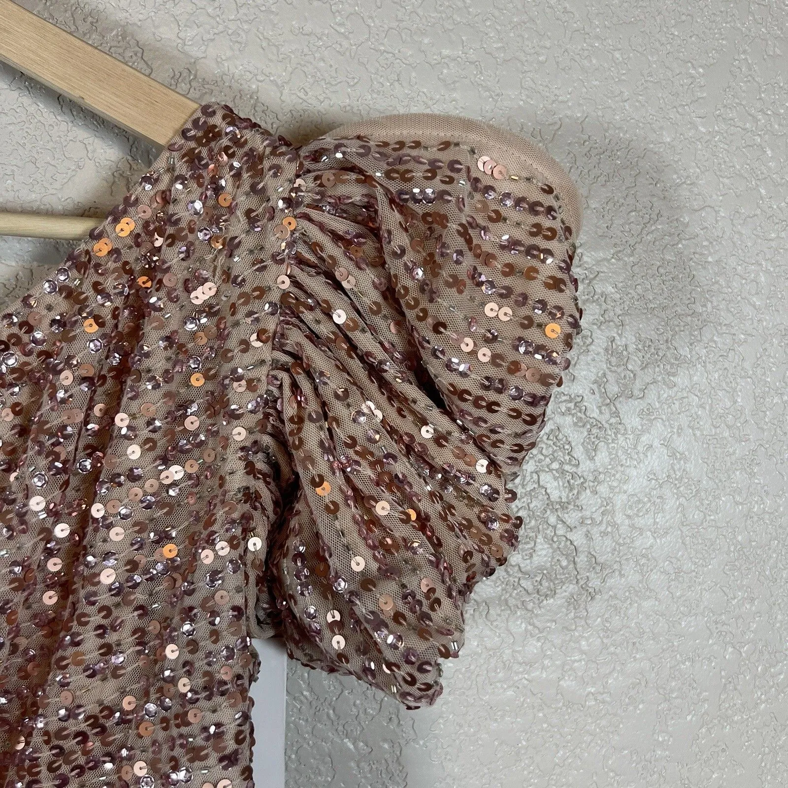 Mac Duggal Evening Gown Size 0 Embellished Puff One Shoulder Apricot Prom Gala - Image 5