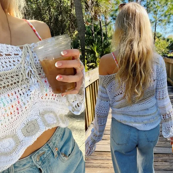 Y2K Knit Tan & White Sweater - Image 2