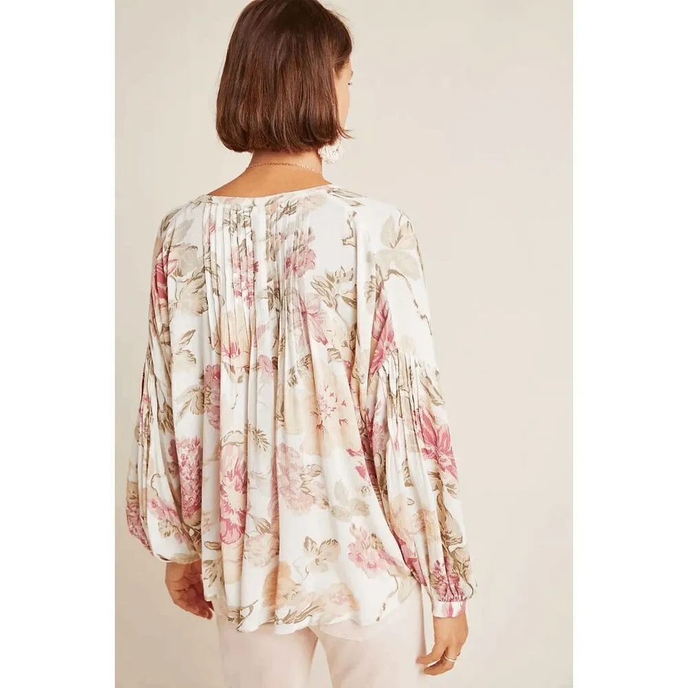 Frye x Anthropologie Elden Floral Peasant Blouse Pink Cream XS - Image 7