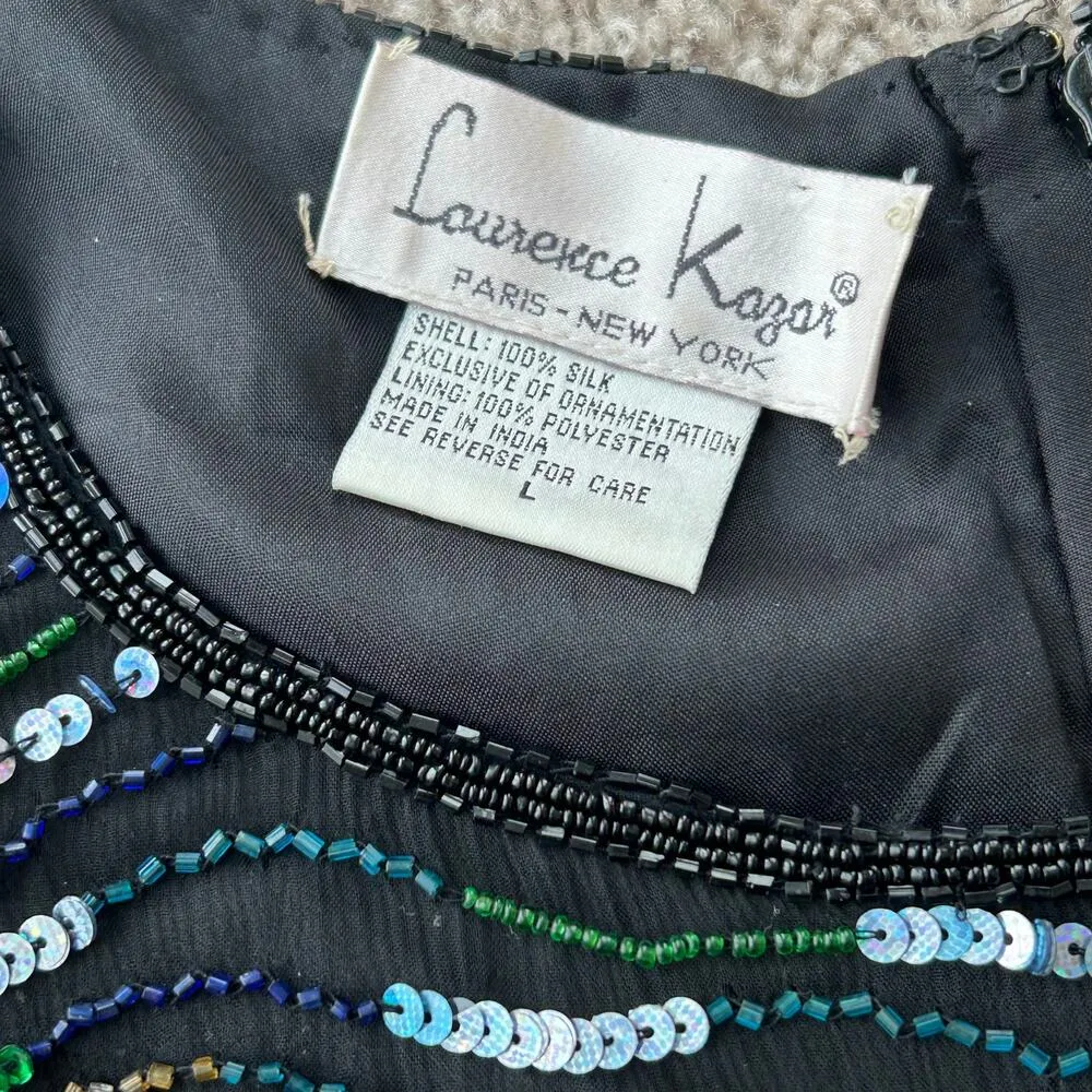 80s Vintage Laurence Kazar Blouse Sequin Beaded Silk Shirt Striped Glam Retro - Image 4