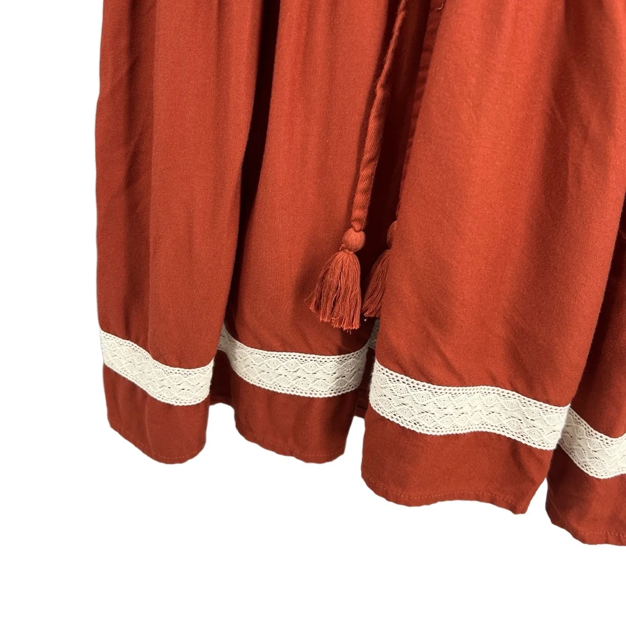 Bohme Rust Mini Dress Ruffle Lace Trim Long Sleeve Drawstring Waist Boho Small - Image 3