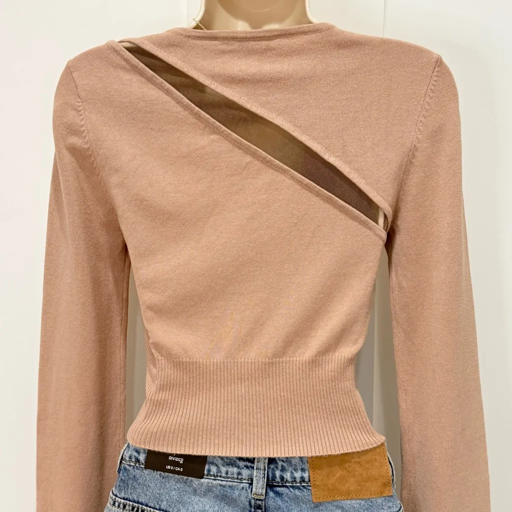 H:ours Jacklyn Sweater Cutout Mesh Cropped Neutral Tan Small Revolve Chic Edgy - Image 7
