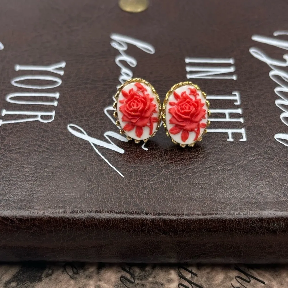 Vintage Red Rose Cameo Stud Earrings – Brass Setting - Image 3