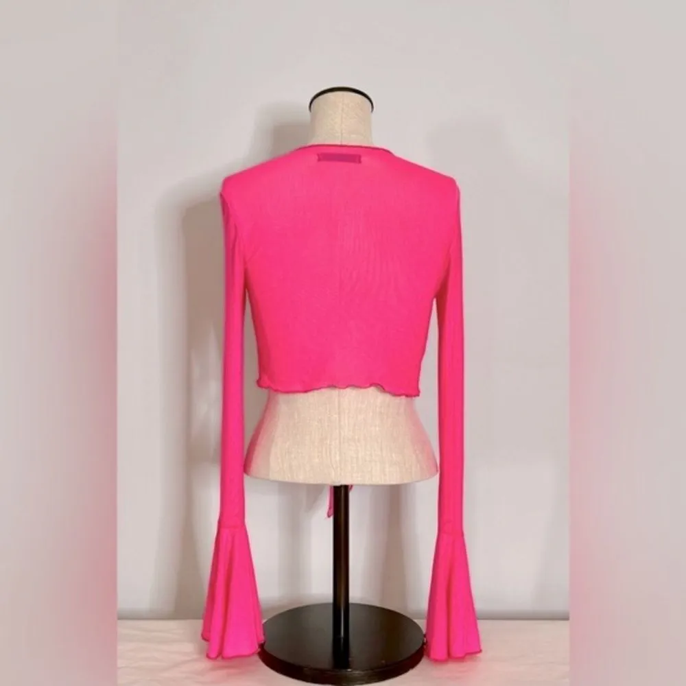 SHEIN ICON Hot Pink Lettuce Trim Knot Front Flare Sleeve Crop Top size XS - Image 3