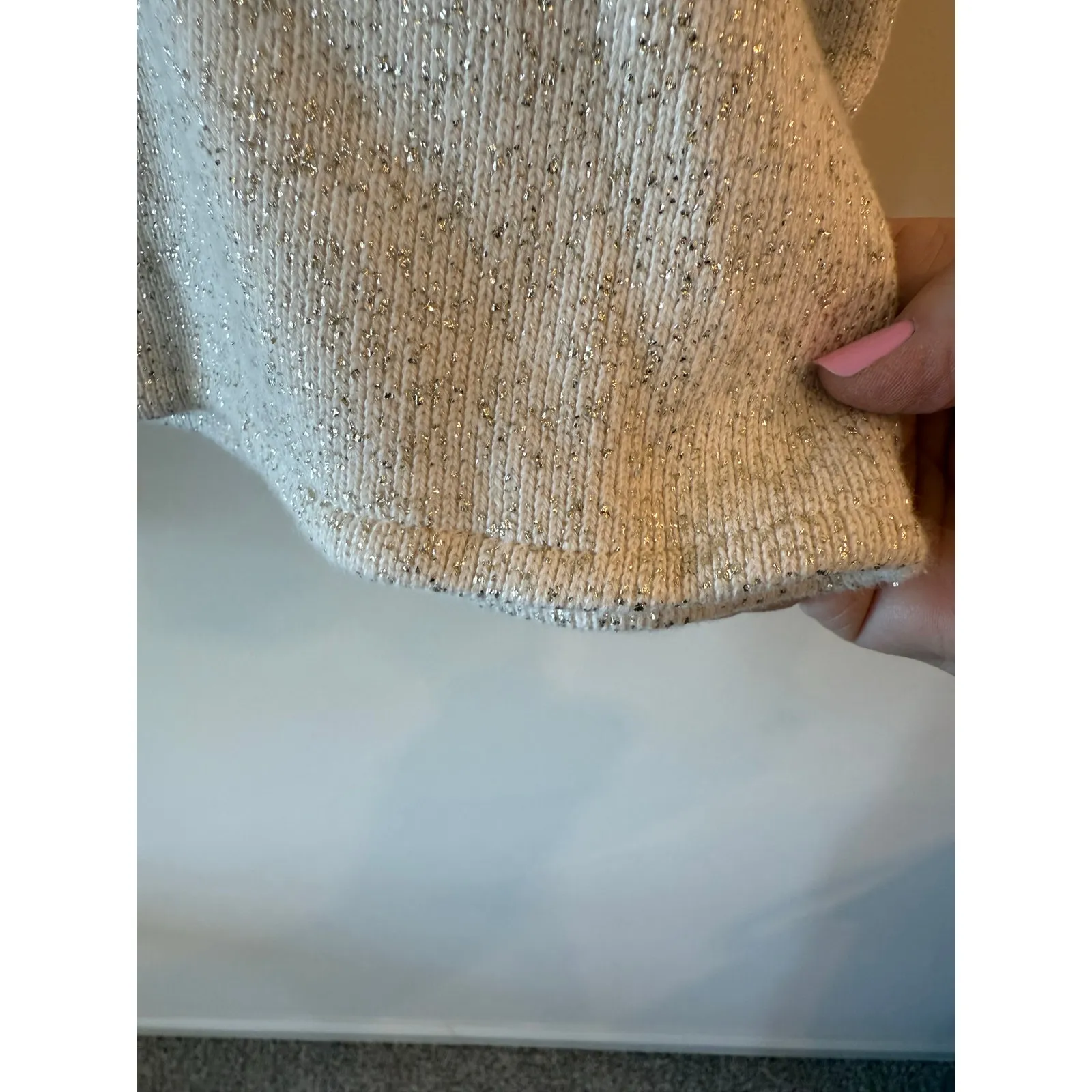 Zara Drop Shoulder Metallic Silver Crop Cotton Sweater Cream Women's Size Large - Image 4