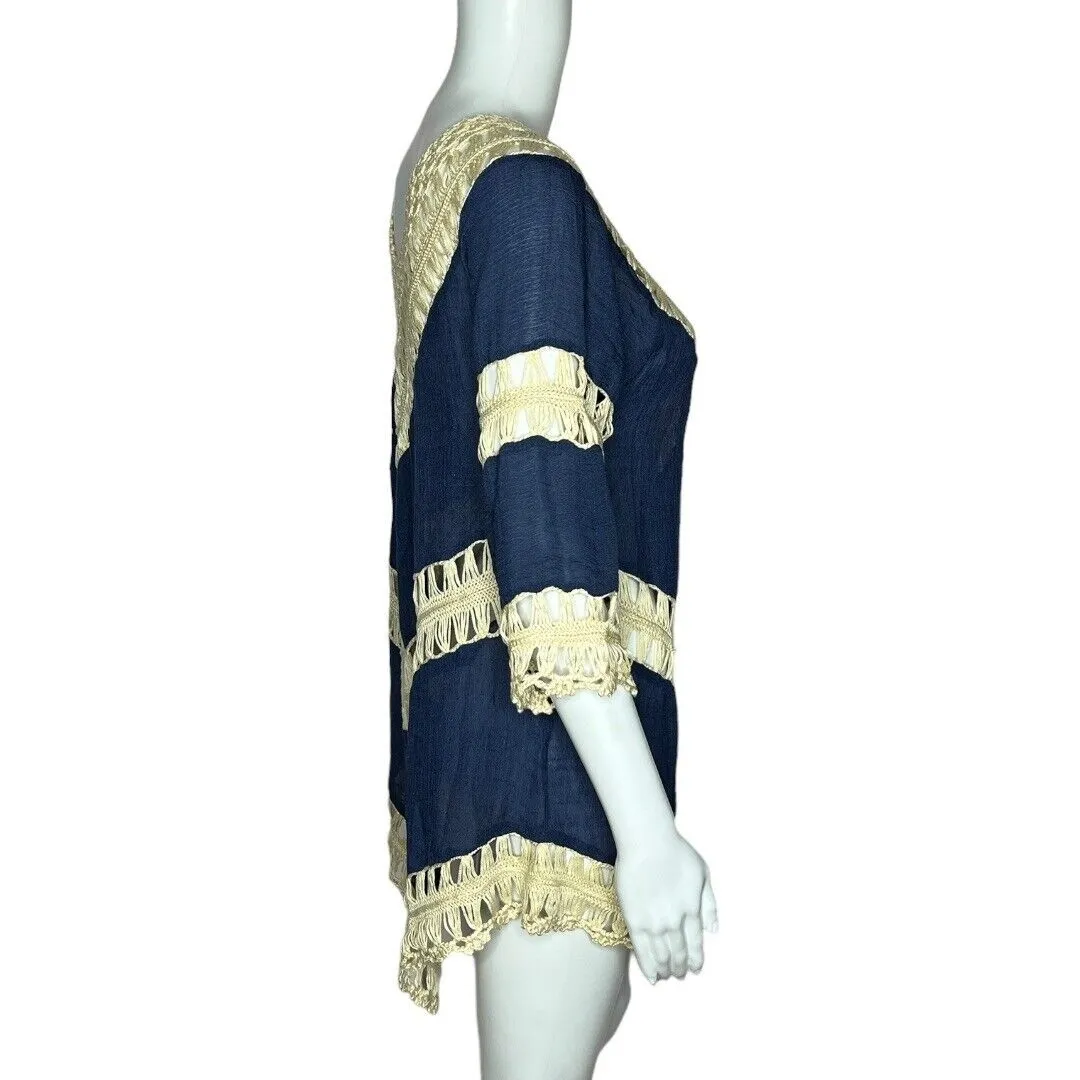 Unbranded Crochet‎ Beach Cover Up Blue Cream Short Sleeve V - Image 2