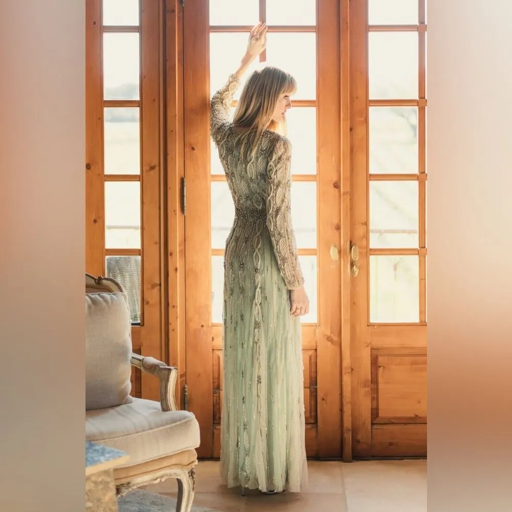 MAC DUGGAL 10077 Green Embellished Mesh Long Sleeve A Line Gown - Image 7